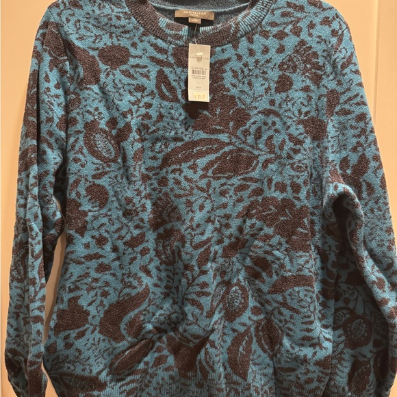 NWT Ann Taylor Floral Jacquard Easy Crew Neck Blue Sweater L - Picture 5 of 5